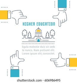 Flat Line Illustration Of Higher Education. Concept For Web Banners And Printed Materials. Template With Buttons For Website Banner And Landing Page