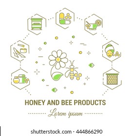 Flat line illustration of honey and bee products. Concept for printed materials, website banner and landing page.