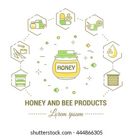 Flat line illustration of honey and bee products. Concept for printed materials, for website banner and landing page.