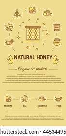 Flat line illustration of honey and bee products for card, 
advertising flyer , poster. Concept for 
catalog design, illustration for advertising cards and printed materials. Template for  banner.
