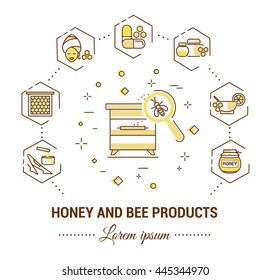 Flat line illustration of honey and bee products for card, 
advertising flyer , poster or website. Concept for 
catalog design, advertising cards and printed materials. Template for  banner.
