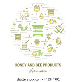 Flat line illustration of honey and bee products for card, 
advertising flyer , poster or website. Concept for 
catalog design, advertising cards and printed materials. Template for  banner.
