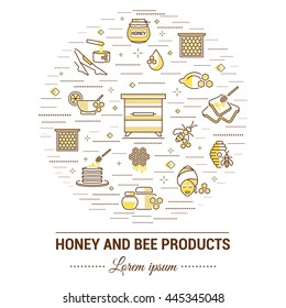 Flat line illustration of honey and bee products for card, 
advertising flyer , poster or website. Concept for 
catalog design, advertising cards and printed materials. Template for  banner.
