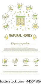 Flat line illustration of honey and bee products for card, 
advertising flyer , poster. Concept for 
catalog design, illustration for advertising cards and printed materials. Template for  banner.
