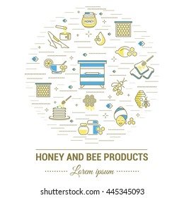 Flat line illustration of honey and bee products for card, 
advertising flyer , poster or website. Concept for 
catalog design, advertising cards and printed materials. Template for  banner.
