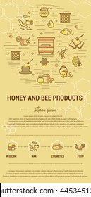 Flat line illustration of honey and bee products for card, 
advertising flyer , poster. Concept for 
catalog design, illustration for advertising cards and printed materials. Template for  banner.
