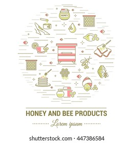 Flat line illustration of honey and bee products for card, advertising flyer , poster or website. Concept for catalog design, advertising cards and printed materials. Template for banner.