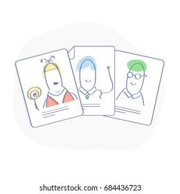 Flat line illustration hr concept of business hiring and recruiting. Selection of an employee from several resumes. Cute cv with cartoon faces. Isolated vector.