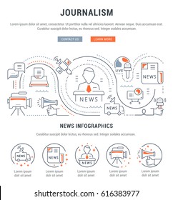 Flat line illustration of journalism. Concept for web banners and printed materials. Template with buttons for website banner and landing page