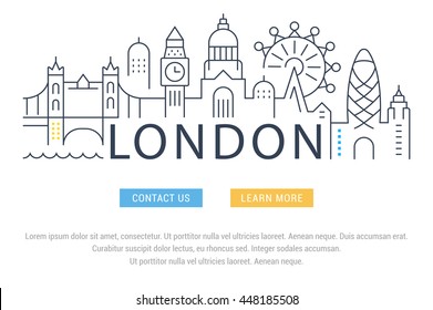 Flat line illustration of London. Template for travel, adventure, vacation. Concept for web banners and printed materials. Template with buttons for website banner and landing page.