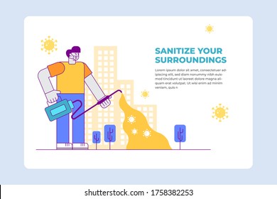 Flat line Illustration of Man with masks sanitizing the surroundings, Awareness about cleanliness to prevent germs. Sanitizing through spray. Sanitiser.