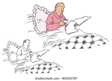 Flat line illustration. A man reading a newspaper in bed