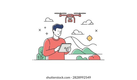 Flat line illustration of a man using a digital tablet to remotely control a camera drone flying above a landscape with mountains, hills, clouds, and sun in a minimalist style.