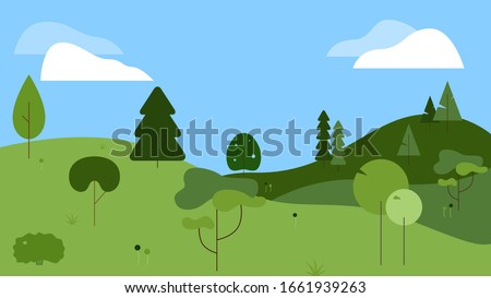 Flat, line illustration of a nature scene with a variety of abstract trees of different shades of green, on hills. Background has a blue sky with clouds. Vectors can be used as set.