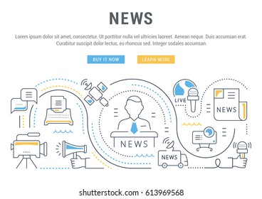 Flat line illustration of news. Concept for web banners and printed materials. Template with buttons for website banner and landing page