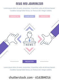 Flat line illustration of news and journalism. Concept for web banners and printed materials. Template with buttons for website banner and landing page