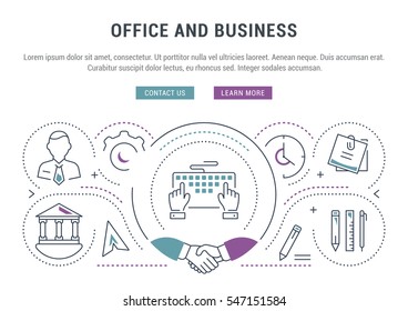 Flat line illustration of office and business. Concept for web banners and printed materials. Template with buttons for website banner and landing page. 
