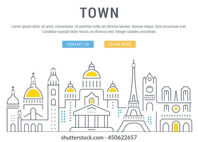 Flat line illustration of Old City. Template for travel, adventure, vacation. Concept for web banners and printed materials. Template with buttons for website banner and landing page.
