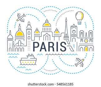 Flat line illustration of Paris. Concept for web banners and printed materials. Template with buttons for website banner and landing page. 