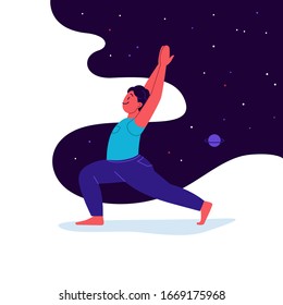Flat and line illustration of a person practicing yoga with starry sky on the background