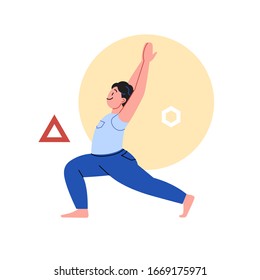 Flat-and-line-Illustration einer Person, die Yoga praktiziert, auf abstraktem geometrischem Hintergrund