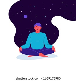 Flat and line illustration of a person practicing yoga with starry sky on the background