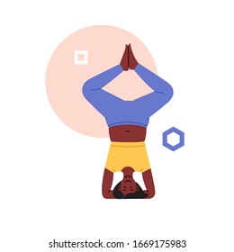 Ilustración plana y lineal de una persona practicando yoga con un fondo geométrico abstracto
