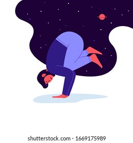 Flat and line Illustration einer Person, die Yoga mit Sternenhimmel auf dem Hintergrund praktiziert