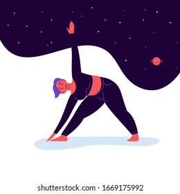 Flat and line illustration of a person practicing yoga with starry sky on the background