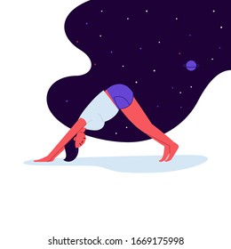 Flat and line illustration of a person practicing yoga with starry sky on the background