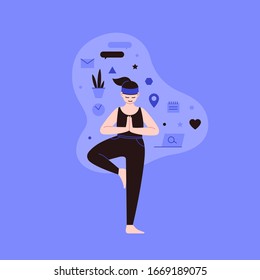 Flat-and-line-Illustration einer Person, die Yoga mit Lifestyle-Symbolen auf dem Hintergrund praktiziert