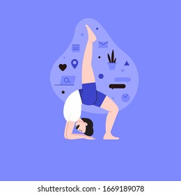 Flat and line illustration of a person practicing yoga with lifestyle icons on the backround