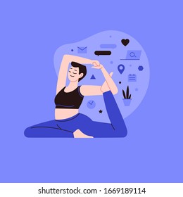 Flat-and-line-Illustration einer Person, die Yoga mit Lifestyle-Symbolen auf dem Hintergrund praktiziert