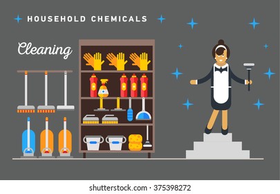 Flat line illustration rack of home appliances, household chemicals and woman washing and cleaning. Cleaning company. Housekeeper. Doodle design style concept, for web banners.   