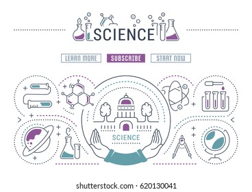 Flat line illustration of science. Concept for web banners and printed materials. Template with buttons for website banner and landing page