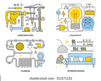 Flat line illustration set of construction architecture work, building and repairing home apartment, living room interior design artwork. Modern design vector concept, isolated on white background.