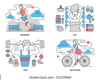Flat line illustration set of healthy living activity, boy doing exercises in gym, girl cycling on bicycle in park, outdoor running workout. Modern design vector concept, isolated on white background.
