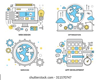 Flat line illustration set of internet business services, website building process, mobile phone apps development, web search optimization. Modern design vector concept, isolated on white background.