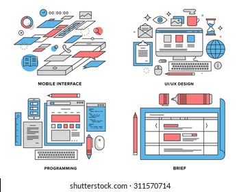 Flat line illustration set of mobile user interface development, UI and UX optimization, web coding, brief planning for website prototype. Modern design vector concept, isolated on white background.