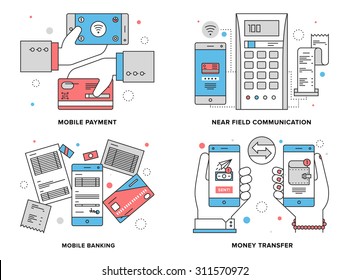 Ilustración de línea plana de proceso de pago móvil, transferencia inalámbrica de dinero a través de comunicación cerca de campo, banca en línea en smartphone. Concepto vectorial de diseño moderno, aislado en fondo blanco.