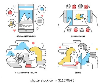 Flat line illustration set of romantic couple taking selfie on smartphone, selfportrait on mobile photo, editing and share on social network. Modern design vector concept, isolated on white background