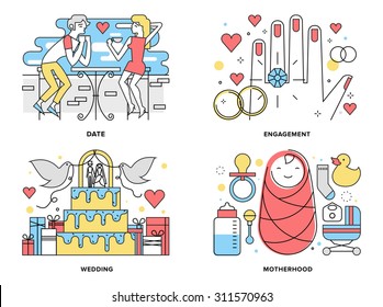 Flat line illustration set of start a happy family, couple first date romance, ring engagement and wedding ceremony, motherhood with newborn. Modern design vector concept, isolated on white background