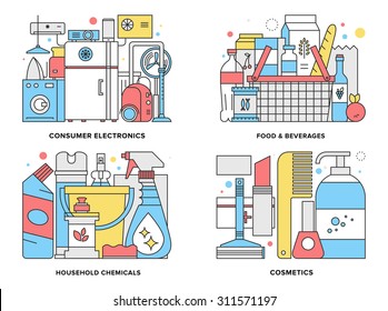 Flat Line Illustration Set Of Supermarket Consumer Products Such As Home Appliances, Household Chemicals, Basket With Foods, Cosmetic Goods . Modern Design Vector Concept, Isolated On White Background