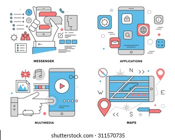 Flat line illustration set of various smartphone apps, mobile gps mapping navigation, phone chat  messenger, multimedia technology elements. Modern design vector concept, isolated on white background.