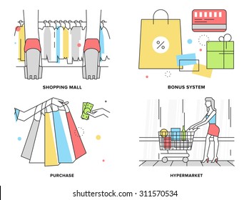 Flat line illustration set of woman shopping at hyper mall, supermarket discount and bonus system, paying for product, variety of clothes. Modern design vector concept, isolated on white background.