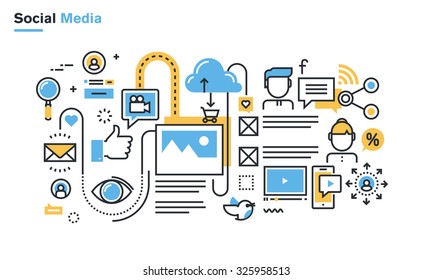 Flat line illustration of social media, social networking, video and photo sharing, communication, blogging, lifecasting, social commerce. Concept for web banners and printed materials.