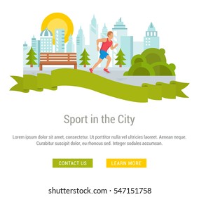 Flat line illustration of sport in the city. Concept for web banners and printed materials. Template with buttons for website banner and landing page. 
