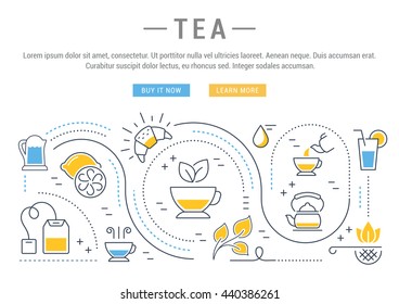 Flat line illustration of tea, tea ceremony and sale of tea beverages. Concept for web banners and printed materials. Template with buttons for website banner and landing page.