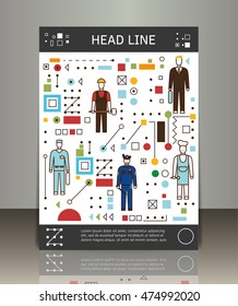 Flat line illustration of various people professions. Vector business brochure or magazine cover template.