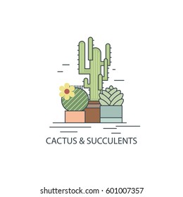 Flat line illustration of vector succulent plants and cactuses. Logo element design. Business identity for flower shop. Mexican cacti collection. Nature floral symbol set.